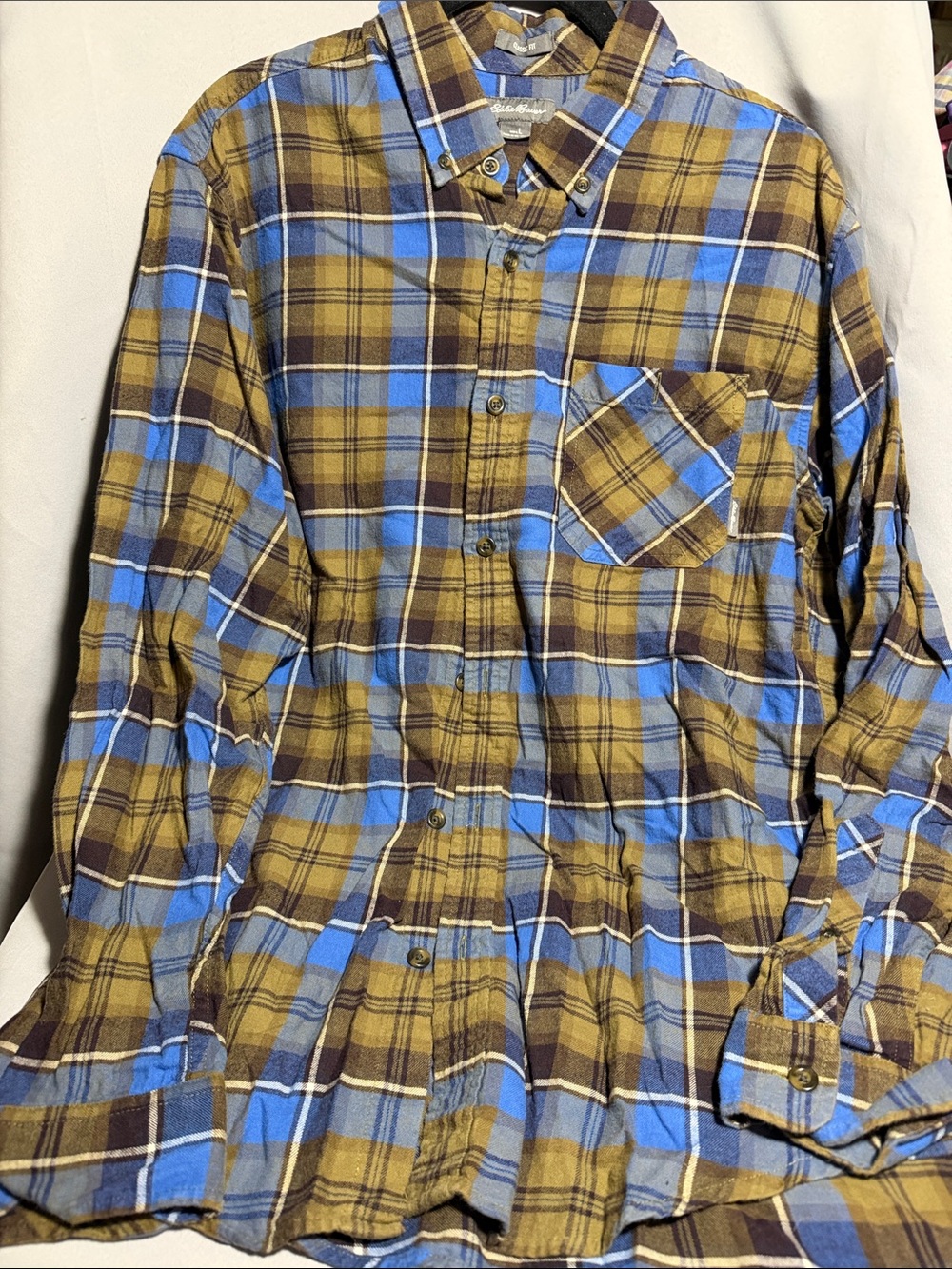Eddie Bauer Blue and Brown Plaid Button-Down Shirt